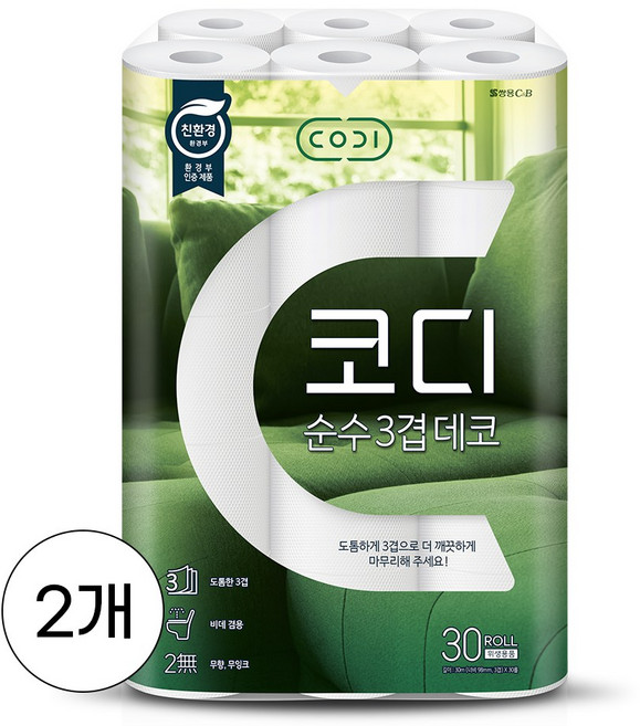 코디 순수 3겹데코 화장지, 30m, 30롤, 2개