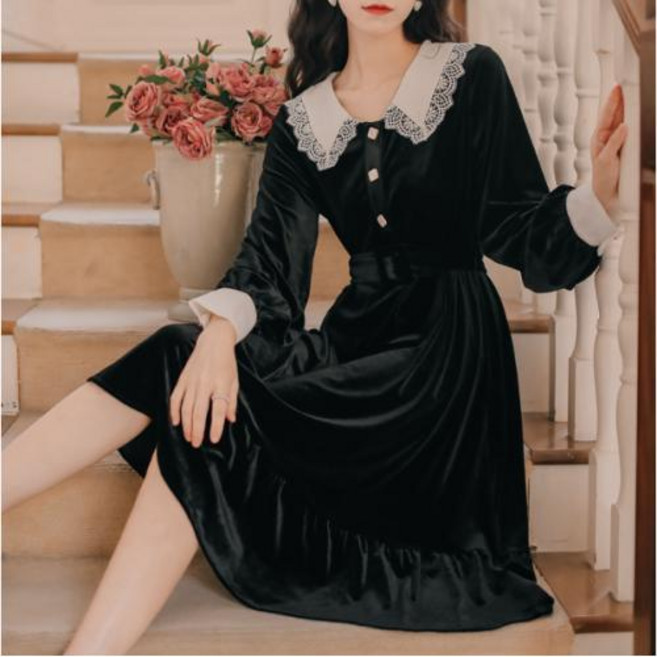 뉴욕멋쟁이 국내배송 베카 카라 벨트 원피스 레이스 베이직 단색 프릴 캐주얼 미디원피스