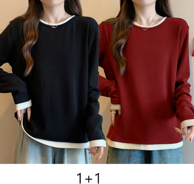 1+1 여성 긴팔티 봄 가을 보온 이중 페이크 레이어드 티셔츠 실용적인 기본 캐주얼 라운드넥 긴팔 JS