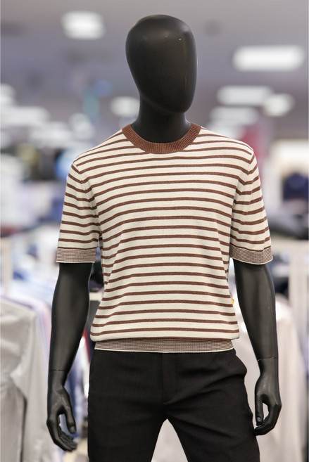 바쏘옴므 남성 브라운 라운드 반팔 니트 스트라이프 니트티 WSZ2WR38