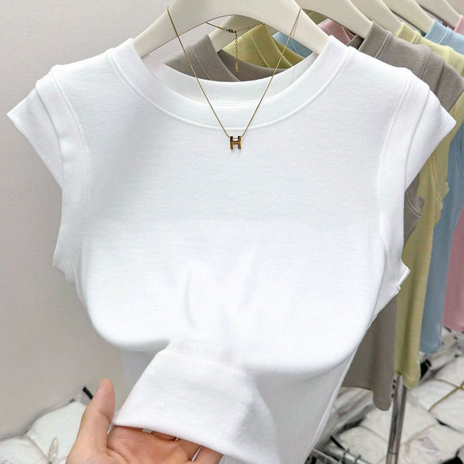 FANSYLI 1+1 베이직 티셔츠 여성 여름 얇은 순면 반팔 티셔츠 2종 세트 솔리드 심플 슬림 티셔츠 오피스룩 X2506J6