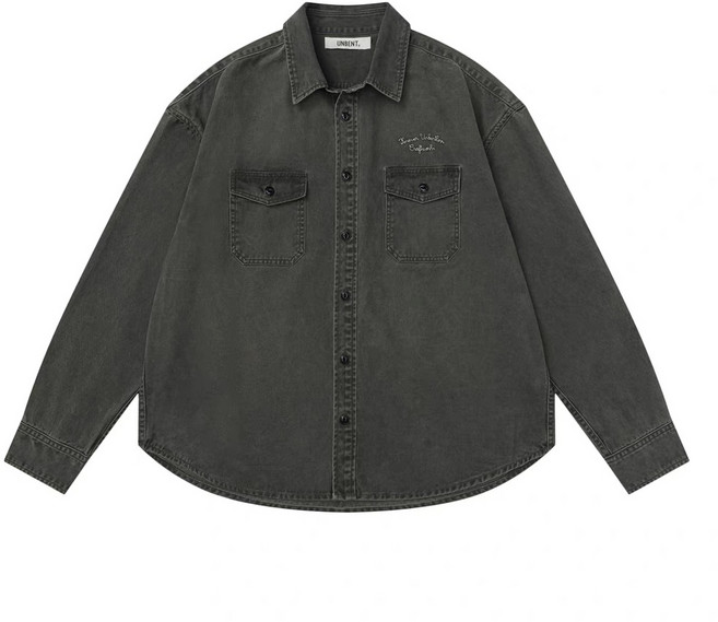 老皮衣櫥 復古水洗刺繡工裝口袋長袖襯衫 寬鬆版型上衣 男裝