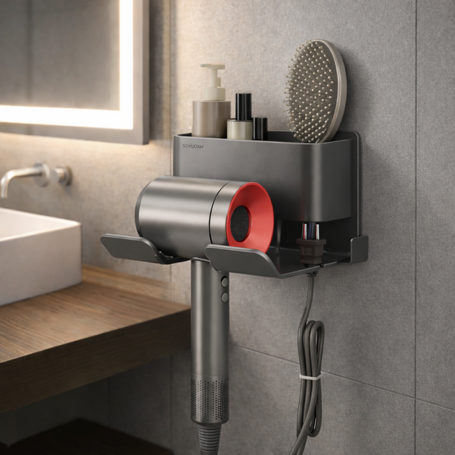 소유담 수납형 강력접착 헤어드라이기 걸이 무타공 거치대, 1개, 그레이