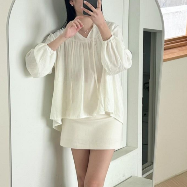 투디 여리핏 퍼프 플레어 셔링 리본 블라우스 하객룩 긴팔블라우스 국내제작 3컬러