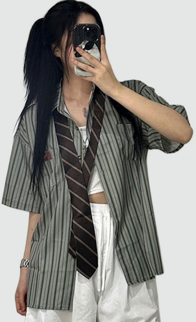 오버핏 스트라이프 남친셔츠 프레피룩 여성 여름 데일리 타이 반팔 넥타이 세트