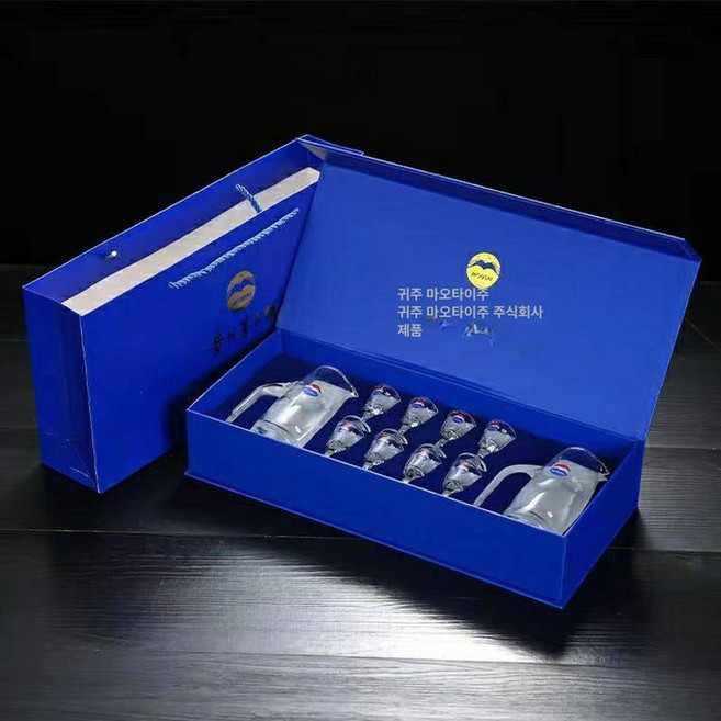 고량주잔 술잔 고급 마오타이 바이주잔 소주잔, 1개, 블루 선물 상자 + 2주전자 8잔 150주전자