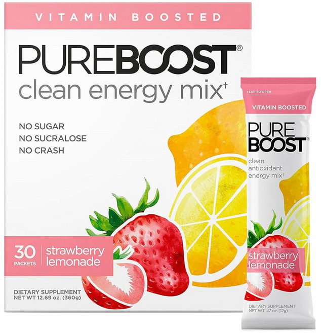 Pureboost 아이스티 에이드 원액 분말 가루 퓨어부스트 클린 에너지 부스터 상쾌한 드링크 믹스 비타민 B12 전해질 항산화제 포함 무설탕 무수크랄로스 콤보 팩 30개, 딸기 레모네이드, 1개