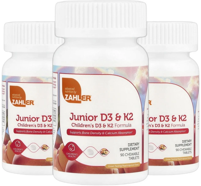 잘러 주니어 비타민D VITAMIN 비타민D3 및 K2 복숭아 살구 츄어블 90정 2+1, 알약/캡슐, 청소년, 3개 - 쿠팡