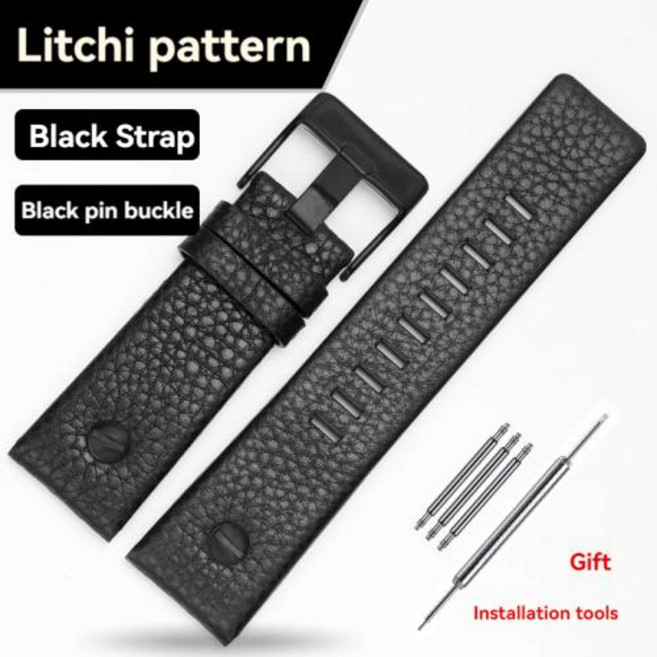 디젤 소 가죽 시계 스트랩 남성용 DZ4323 DZ1657 DZ4318 열매 패턴 일반 손목 밴드 송아지 가죽 시계 밴드, 11)A black-black, 1개