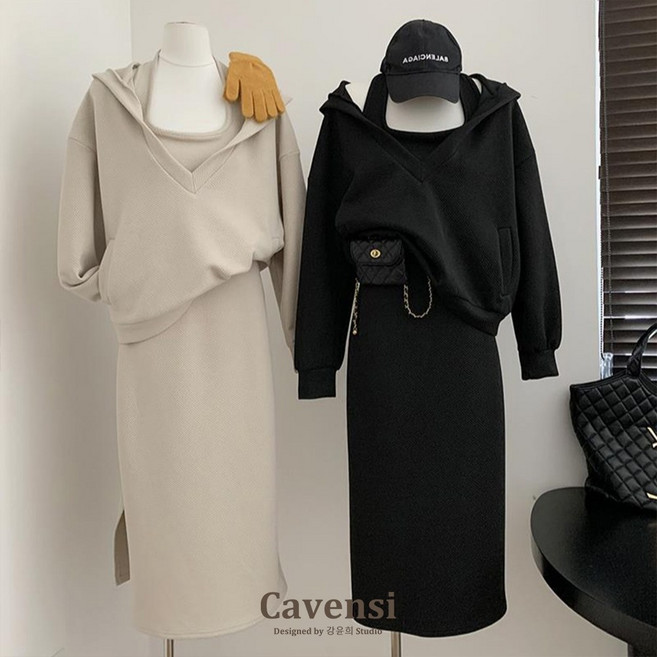 Cavensi 大尺碼套裝 韓系簡約寬鬆休閒帽T洋裝掛脖兩件套