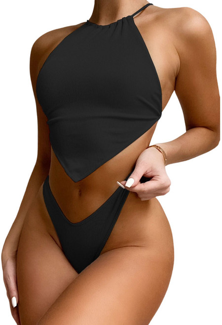 하와이안서프 홀터넥 크로스백 골지 비키니 세트 - 바디프로필 섹시 태닝 티팬츠 수영복, 블랙 One Size(55~66)