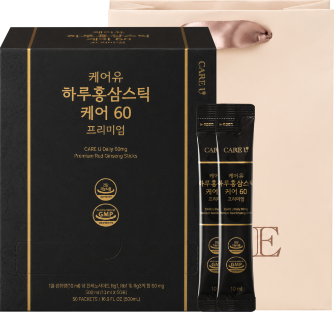 케어유 케어60 프리미엄 6년근 진세노사이드 60mg 고려 홍삼스틱 + 쇼핑백, 1개, 50회분