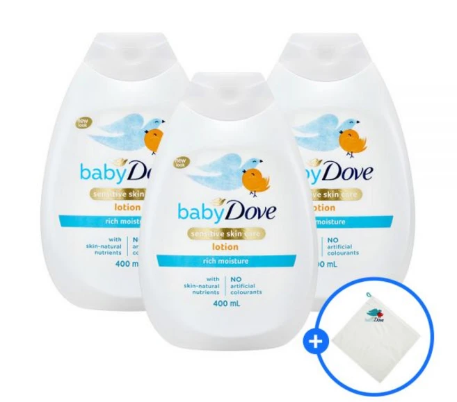 베이비도브 유아용 바디로션 리치 모이스처 400ML 3개 + 선택도브 핸드타올, 리치모이스처 바디로션 (포근향) 400ml, 카밍모이스처 바디로션 (카모마일향) 400ml, 카밍모이스처 바디로션 400ml+도브 핸드타올 - 쿠팡
