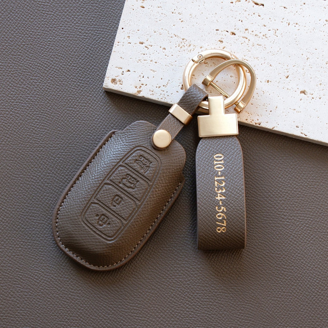 (무료각인) 트니르 현대 호환 그랜저IG 올뉴아반떼 CN7 팰리세이드 I30 벨로스터 코나 베뉴 싼타페 차 키케이스 가죽 + 키링 차량용품 키홀더, 현대C타입(4버튼), 카푸치노