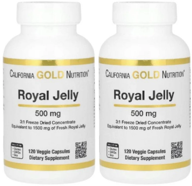 캘리포니아골드뉴트리션 로얄 젤리 농축 및 동결 건조 500 mg 120 식물성 캡슐, 2팩, 120정 - 쿠팡
