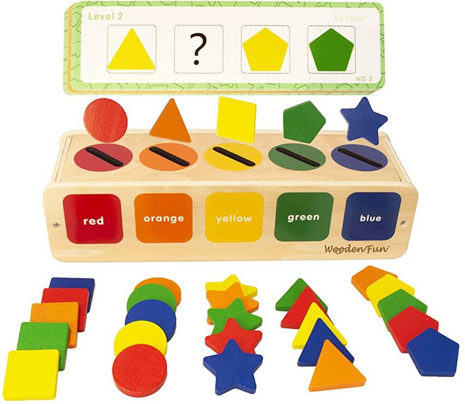 WOODENFUN 유아용 색상 모양 분류 장난감 나무 몬테소리 매칭 박스 게임 만 3세 남아 여아용 학습 감각 장난감 선물 267107, WOODENFUN 유아용 색상 모양 분류 장난감, 나무
