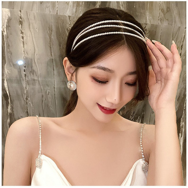 아이루리 레이어드 진주 볼 머리띠 우아한 세줄 긴머리 단발머리 포인트 데일리 헤어밴드