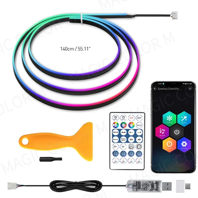 Vegting 140/55 인치 자동차 주변 조명 2in1 범용 LED 심포니 RGB 분위기 램프 USB 앱 리모컨 테슬라 호환, [01] 1in1  140cm  55.11in, 1개