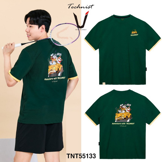 테크니스트 티셔츠 배드민턴 반팔 상의 코튼라이크 오버핏 그린 TNT55133 남성 여성 남녀공용
