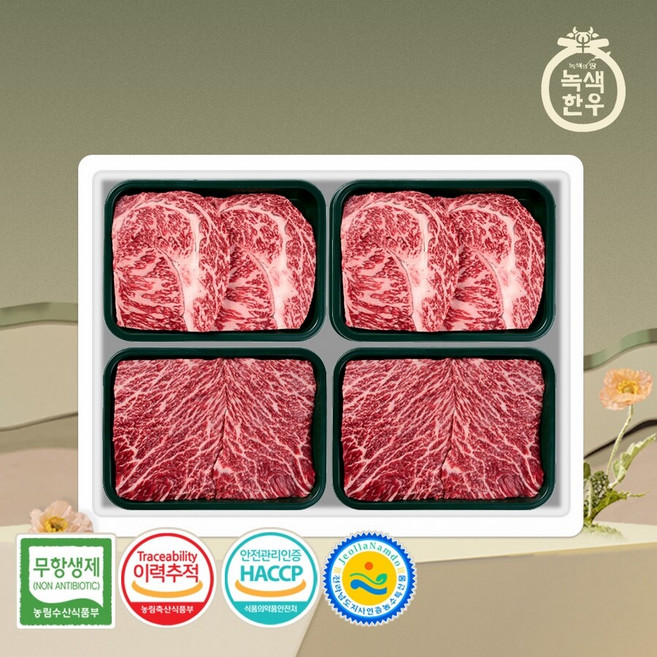 [녹색한우] 무항생제 1+등급 한우선물세트 구이정육 2호 1.2kg (등/등/국/국), 1세트