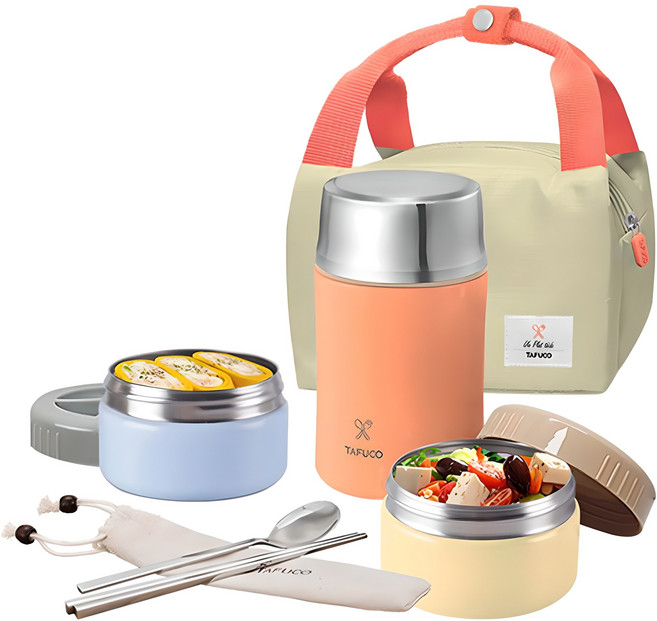 타푸코 스텐 보온 죽통 도시락 세트 850ml, 피치코랄, 1개