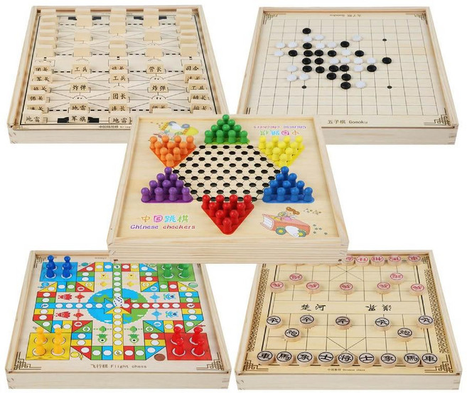 五合一多功能棋盤遊戲組 兒童益智桌遊 跳棋五子棋象棋飛行棋軍棋 木質收納設計, 1個, 五合一（跳棋＋五子棋＋象棋＋飛行棋＋軍棋