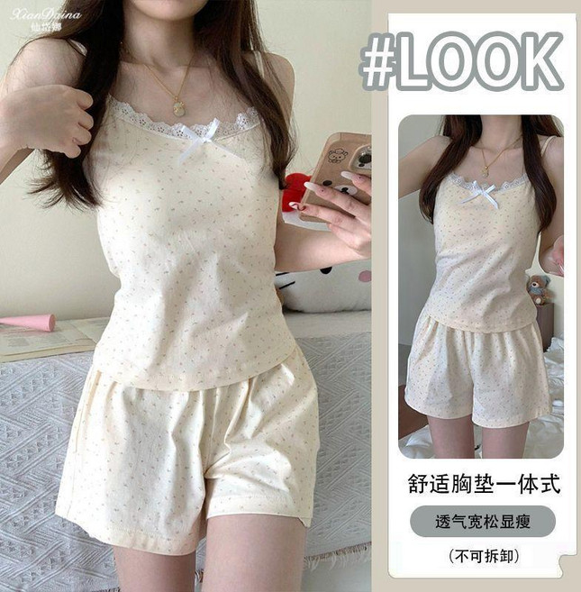 碎花吊帶睡衣兩件套 夏季蕾絲蝴蝶結家居服