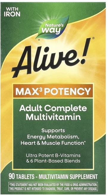 몸관리하세요 겨울입니다 Nature's Way Alive!® 맥스3 포텐시 성인용 컴플리트 종합비타민 철분 함유 90정 특별관리진행, NaturesWayAlive맥스3포텐시성인용컴플리트종합, 1 - 쿠팡