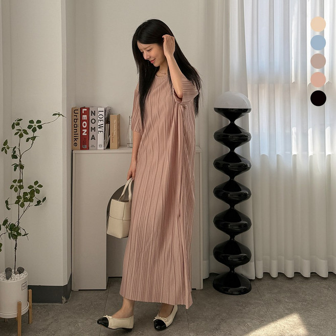 디테일웨어 여성 베이글 주름 롱원피스 라운드넥 플리츠 주름 편한원피스 임부복 신축성 좋은 반팔원피스 시원한 여름원피스 마실룩
