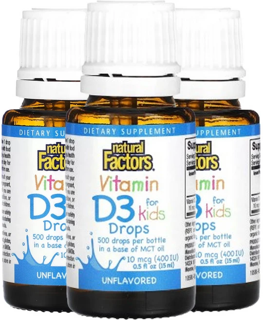 네츄럴팩터스 어린이용 비타민D3 드롭스 무향 10mcg(400IU) 0.5fl oz(15ml), 3팩, 15ml - 쿠팡