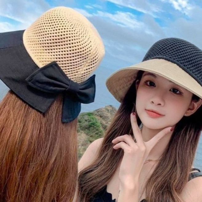 라탄모자 메쉬짜임 리본 버킷햇