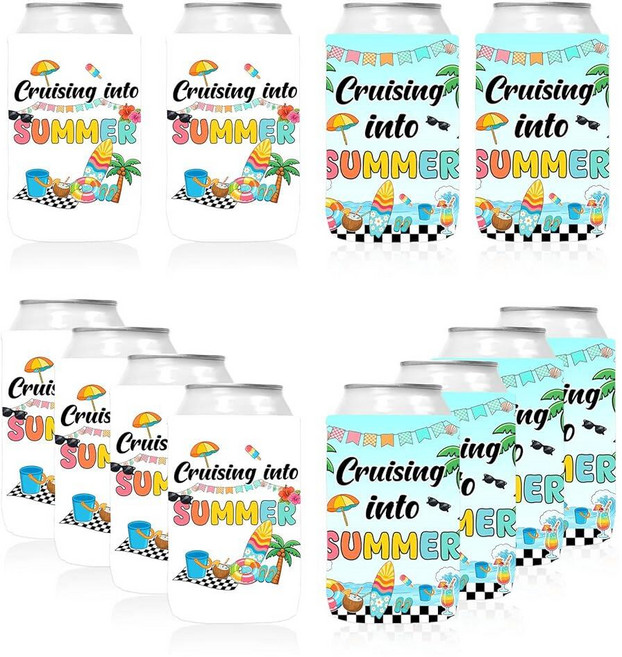 12 Pack Summer Can Cooler Sleeve Cruising into Summer Can Cooler Beach Pool Bottle Can Drink Hold, 12 Pack Summer Can Cooler Slee