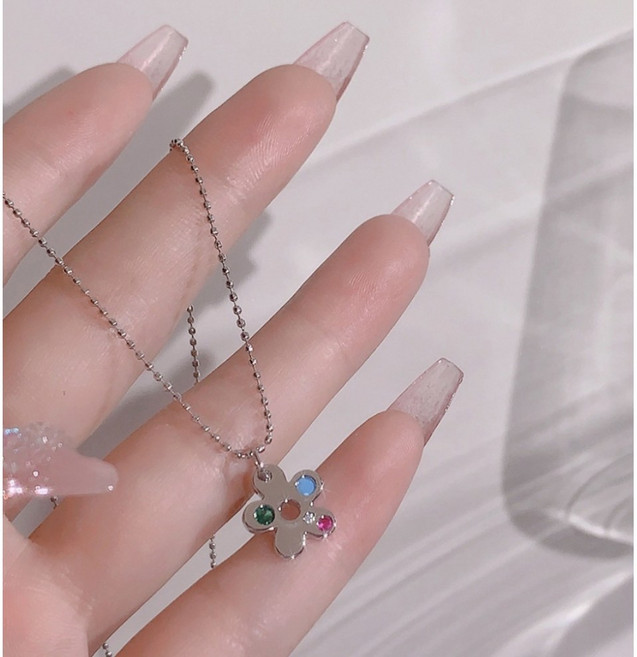 [써지컬 스틸][2 color] 컬러 스톤 플라워 목걸이 러블리 귀여운 베이직 데일리 변색 없는 주얼리