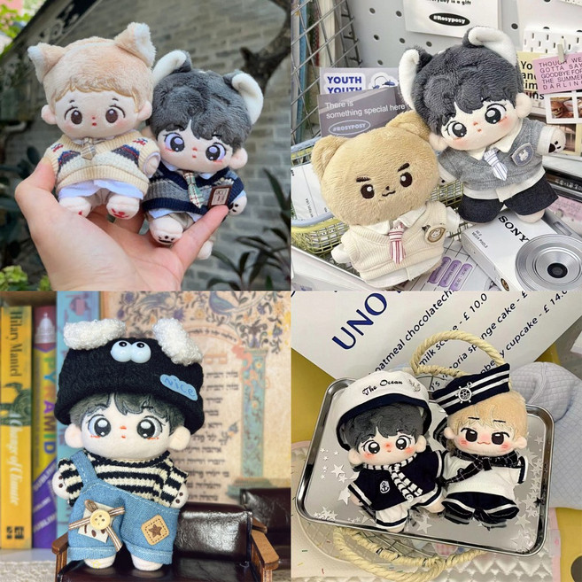 10cm 인형옷 스트라이프 토끼 패치 조끼 마린복 먼지 모자 멜빵 세트 솜인형옷, 1개, 스트라이프 조끼 세트 그레이