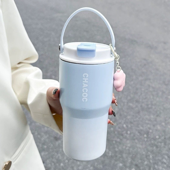 CHACOC 多肉潮層保溫杯 600ml 藍色漸層 304不鏽鋼雙飲口 便攜提手附吊飾 隨行保溫瓶, 1個, 夢幻漸層【藍600ml】雙飲口+送吊飾, 藍