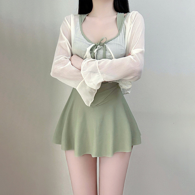 夏日連體泳衣 女裙式長袖防曬 溫泉游泳裝, 淺綠色帶外套,XXXL推薦70.0 80.0公斤