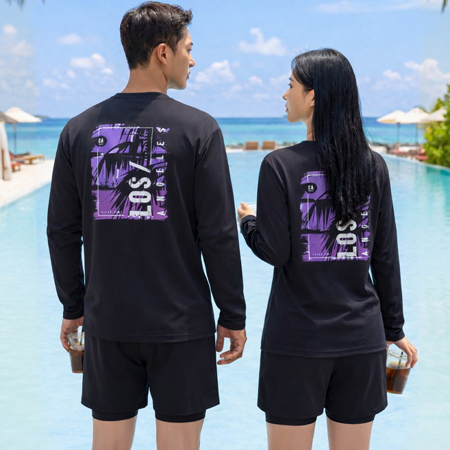 로이몬스터 남녀 프린팅 래쉬가드 상의+반바지 2장 세트 체형커버 빅사이즈/ROYMONSTER