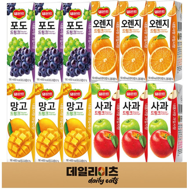 델몬트 드링크 팩주스 4종 3개씩 12개입 (오렌지 / 포도 / 사과 / 망고), 1박스, 190ml