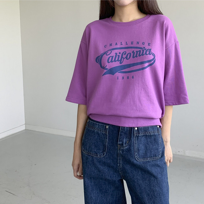 행복여 챌린 루즈핏 맨투맨 면 7부 반팔 티셔츠