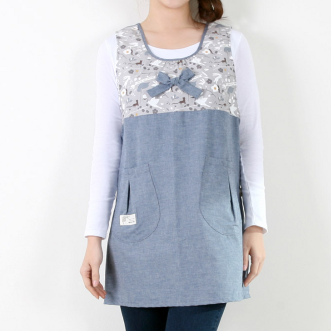 버드리본 앞치마 단추형 원피스 어린이집 교사용, 1개, 일반/블루