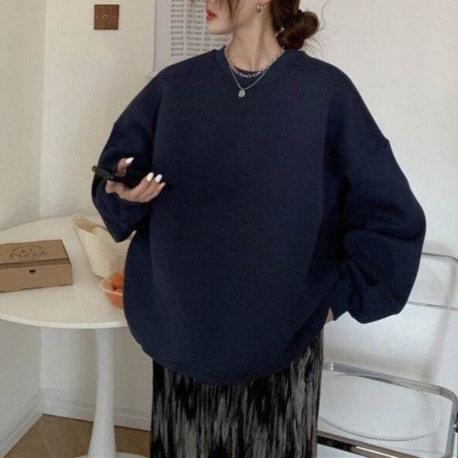 Makone 여성 데일리 솔리드 무지 맨투맨 심플 오버핏 라운드 긴팔티