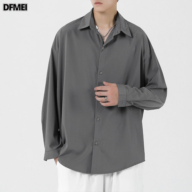 DFMEI 男士襯衫長袖免燙韓版潮流春秋休閒外套DK制服寬鬆禁慾系黑白襯衣