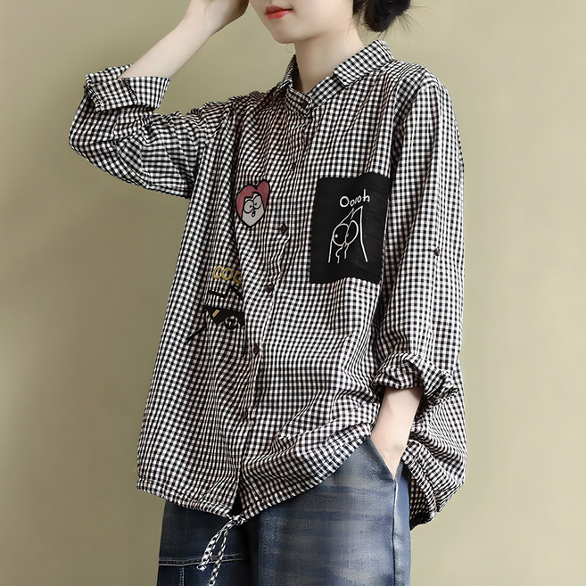 밍키비 100141C 여성 체크무늬 루즈핏 셔츠남방