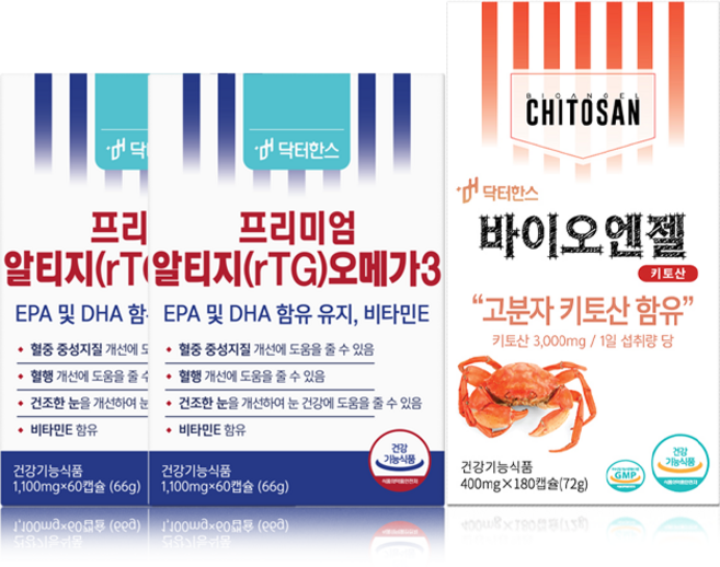 [키토산+오메가3] 바이오엔젤 키토산 + 프리미엄 알티지 rTG 오메가3 닥터한스, 1개, 180정