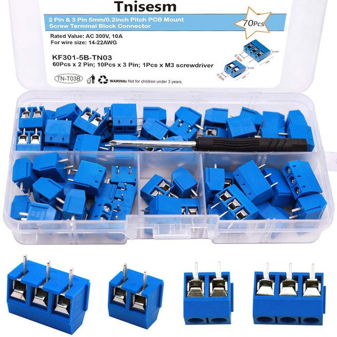 Tnisesm/70pcs 2핀 및 3핀 5mm/0.2인치 피치 블록 마운트 TN-T03B 커넥터(스플라이싱 나사 PCB 단자 가능), Blue(70 Pcs)