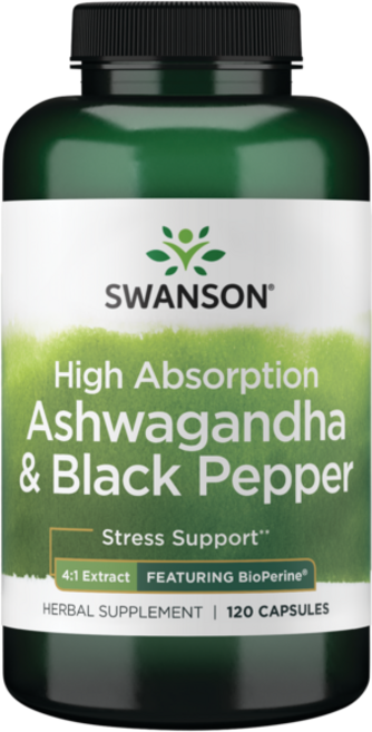 스완슨 하이 앱솔션 아슈와간다 & 블랙 페퍼 4:1 추출물 피처링 바이오페린 캡슐, 1개