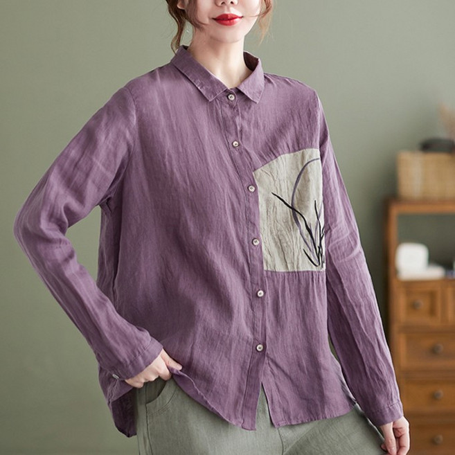 COSYEVNO 봄 여름 면마 셔츠 프린트 루즈핏 패션 여성 긴팔 남방