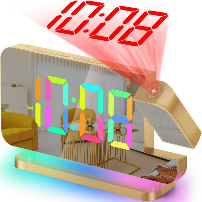 ELAM 프로젝션 알람 시계 74인치 LED 미러 디지털 대형 디스플레이 80 회전 프로젝터 RGB 조명 USB C 포트 오토 디머 침대용 라우드 데스크 골드, White