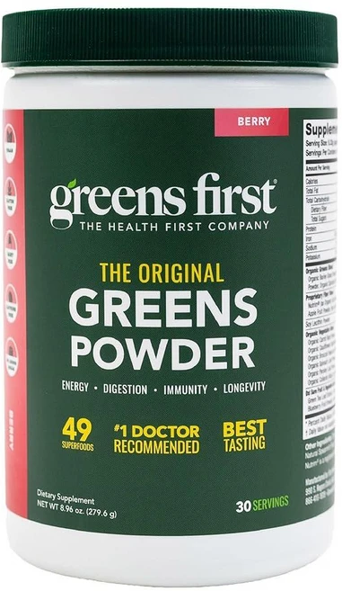 Greens First - 베리 - 30회 분량 - 그린 파우더 슈퍼푸드 49가지 슈퍼푸드 15개 이상의 유기농 과일 및 채소 항산화 스무디 믹스 보충제 유제품 프리, Greens First - 베리 - 30회 분량 - 그, Berry, 288g, 1개 - 쿠팡