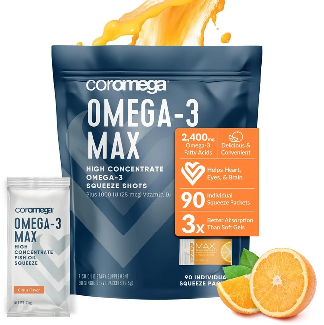 [해외]Coromega MAX High Concentrate 오메가 3 피쉬오일 위드 비타민 D 시트러스 버스트 맛 2.5g 싱글 스퀴즈 팩, 90개, 1개 - 쿠팡